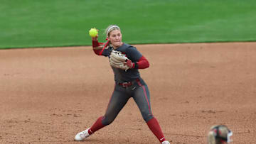 Alabama Softball Player Kennedy Marceaux (1) throws to first against Drake at Rhoads Stadium in Tuscaloosa, AL on Saturday, Feb 22, 2025.