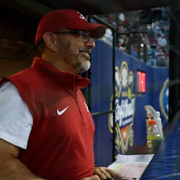 Alabama Head Coach Patrick Murphy watches his team during pre game activities against South Carolina during the SEC Championship at Jack Turner Softball Stadium in Athens, GA on Wednesday, May 7, 2025.