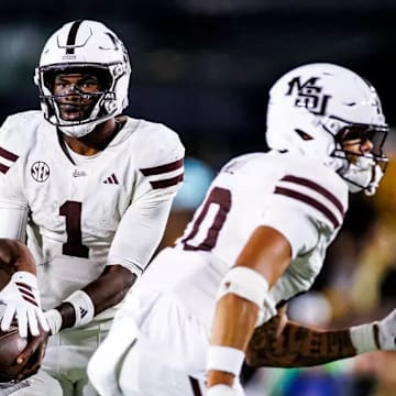 Mississippi State Quarterback Kamario Taylor (#1) during the game between the Missouri Tigers and the Mississippi State Bulldogs at Faurot Field at Memorial Stadium Stadium in Columbia, MO.