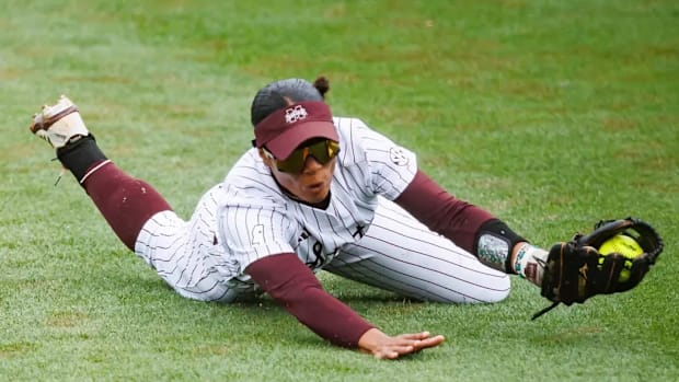 Mississippi State Infielder Kiarra Sells (#9) during the SEC Tournament second round game against LSU.