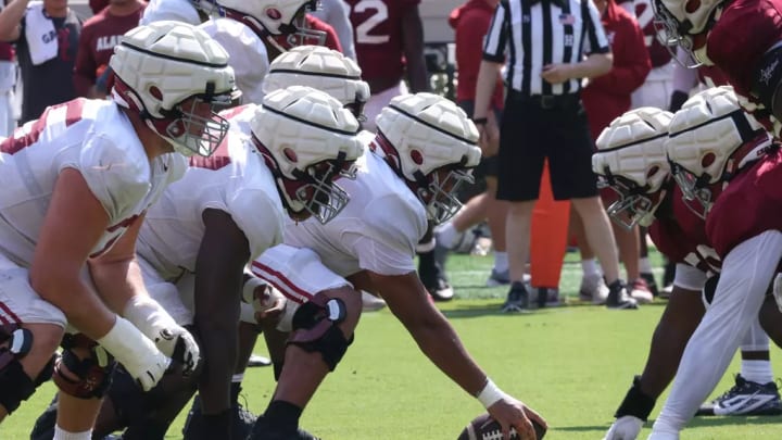 8/17/24 MFB Fall Camp scrimmage 2: Alabama Offensive Lineman Wilkin Formby (75) Alabama Offensive Lineman Jaeden Roberts (77) Alabama Offensive Lineman Parker Brailsford (72) 