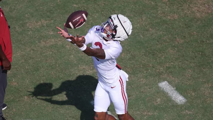 Alabama Wide Receiver Ryan Williams (2) catches the ball at Mal. M. Moore Athletic Facility in Tuscaloosa, Alabama on Thursday, Aug 15, 2024.