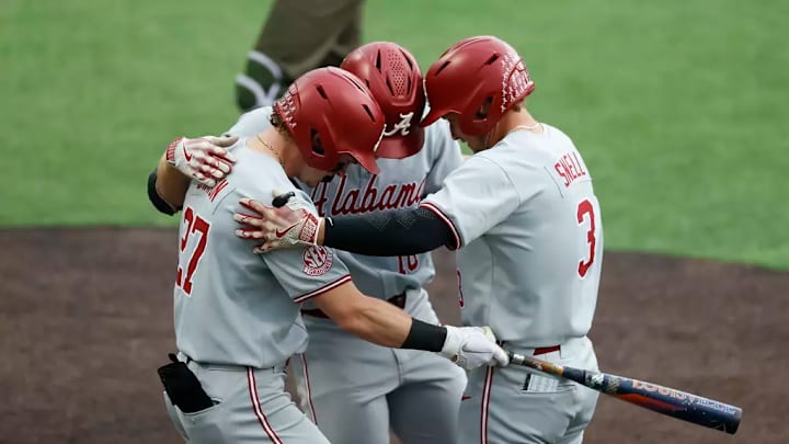 Alabama baseball players in a game against Vanderbilt.