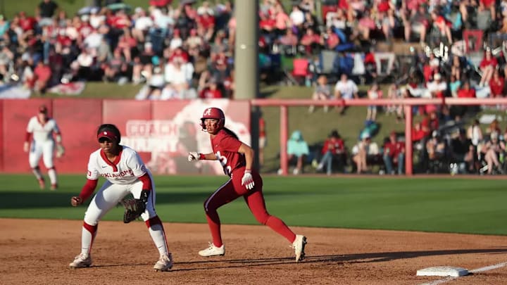 Alabama Softball Player Salen Hawkins (47) runs the bases against Oklahoma at Rhoads Stadium in Tuscaloosa, AL on Sunday, Apr 13, 2025. Alabama Softball Player Salen Hawkins (47) runs the bases against Oklahoma at Rhoads Stadium in Tuscaloosa, AL on Sunday, Apr 13, 2025.