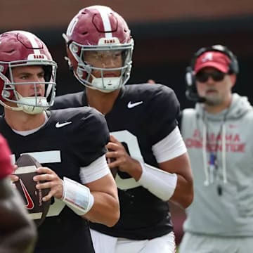 8/7/25 MFB Fall Camp Practice 7 Alabama Quarterback Ty Simpson (15) Alabama Quarterback Austin Mack (10)