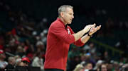 Alabama basketball coach Nate Oats coaches from the sideline against Oregon at MGM Grand Garden Arena in Las Vegas, NV on Saturday, Nov 30, 2024.