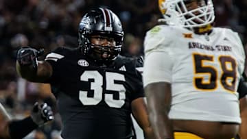 Mississippi State Defensive Lineman Kalvin Dinkins (#35) during the game between the Arizona State Sun Devils and the Mississippi State Bulldogs at Davis Wade Stadium at Scott Field in Starkville, MS.