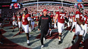 The University of Alabama football team walks out before the game against Oklahoma at Bryant-Denny Stadium in Tuscaloosa, AL on Saturday, Nov 15, 2025.