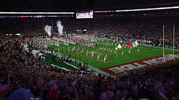 The University of Alabama football team running out before the game against LSU at Bryant-Denny Stadium in Tuscaloosa, AL on Saturday, Nov 8, 2025.