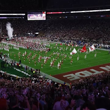 The University of Alabama football team running out before the game against LSU at Bryant-Denny Stadium in Tuscaloosa, AL on Saturday, Nov 8, 2025.