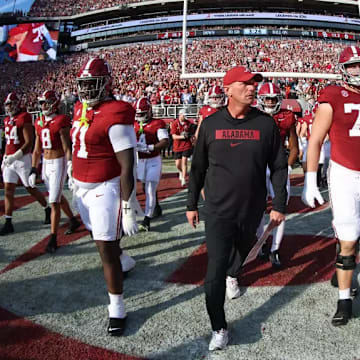 The University of Alabama football team walks out before the game against Oklahoma at Bryant-Denny Stadium in Tuscaloosa, AL on Saturday, Nov 15, 2025.