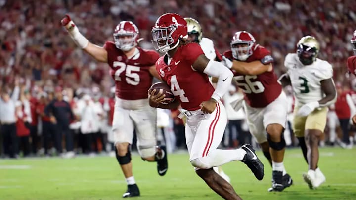 Alabama Quarterback Jalen Milroe (4) runs in a touchdown against University of South Florida at Bryant-Denny Stadium in Tuscaloosa, AL on Saturday, Sep 7, 2024. 