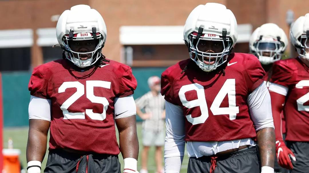 8/5/26 MFB First fall Practice Alabama Defensive Lineman Steve Bolo Mboumoua (25) Alabama Defensive Lineman Edric Hill (94) 8/5/26 MFB First fall Practice Alabama Defensive Lineman Steve Bolo Mboumoua (25) Alabama Defensive Lineman Edric Hill (94)