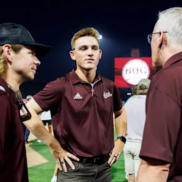 Mississippi State Outfielder Bryce Chance (#38), Mississippi State Infielder Sawyer Reeves (#2), Mississippi State Infielder Gehrig Frei (#34) and Mississippi State Head Coach Brian O'Connor during the Brian O’Connor Welcome Event at Dudy Noble Field at Polk-Dement Stadium in Starkville, MS.