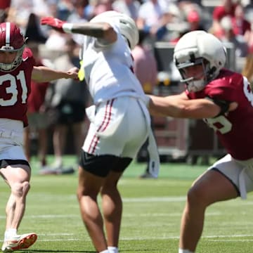 Alabama Punter Blake Doud (38) holds while Alabama Kicker Conor Talty (31) kicks a field goal during A-Day at Bryant-Denny Stadium in Tuscaloosa, AL on Saturday, Apr 12, 2025.