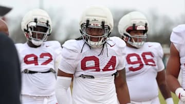 3/7/25 MFB Spring Practice 3 Alabama Defensive Lineman Jeremiah Beaman (92) Alabama Defensive Lineman Edric Hill (94) Alabama Defensive Lineman Tim Keenan III (96) Photo by Kent Gidley