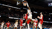 Alabama center Clifford Omoruyi (11) dunks the ball against Robert Morris during the first round of NCAA Men's Tournament at Rocket Arena in Cleveland, OH on Friday, Mar 21, 2025.