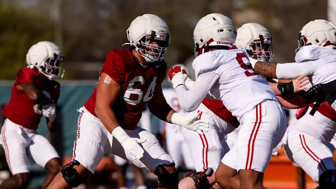 Alabama Offensive Lineman Michael Carroll (64) in action during practice at Thomas-Drew Practice Fields in Tuscaloosa, AL on Friday, Mar 13, 2026. Photo by Rodger Champion