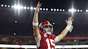 Alabama Quarterback Ty Simpson (15) celebrates at Bryant-Denny Stadium in Tuscaloosa, AL on Saturday, Sep 6, 2025.