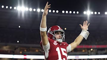Alabama Quarterback Ty Simpson (15) celebrates at Bryant-Denny Stadium in Tuscaloosa, AL on Saturday, Sep 6, 2025.