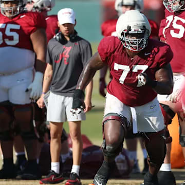 3/25/25 MFB Spring Practice Alabama Offensive Lineman Jaeden Roberts (77) Photo by Kent Gidley