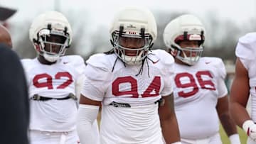 3/7/25 MFB Spring Practice 3 Alabama Defensive Lineman Jeremiah Beaman (92) Alabama Defensive Lineman Edric Hill (94) Alabama Defensive Lineman Tim Keenan III (96) Photo by Kent Gidley