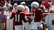 Alabama Wide Receiver Rico Scott (11) Alabama Wide Receiver Isaiah Horton (1) celebrates a catch during A-Day at Bryant-Denny Stadium in Tuscaloosa, AL on Saturday, Apr 12, 2025.