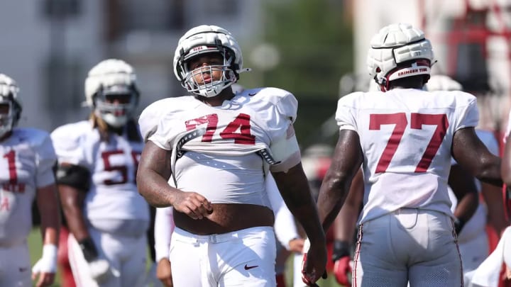 Alabama Offensive Lineman Kadyn Proctor (74) in action at Mal. M. Moore Athletic Facility in Tuscaloosa, Alabama on Tuesday, Aug 13, 2024