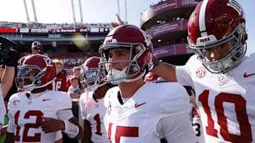 Alabama Quarterback Ty Simpson (15) waits to take the field during pregame against South Carolina at Williams-Brice Stadium in Columbia, SC on Saturday, Oct 25, 2025.