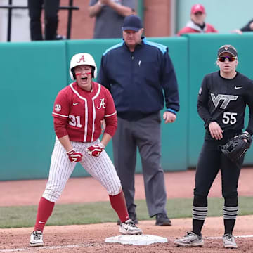 Alabama Softball Player Alexis Pupillo (31) celebrates at third base against Virginia Tech at Rhoads Stadium in Tuscaloosa, AL on Sunday, Feb 23, 2025.