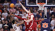 Alabama forward Jarin Stevenson (15) and Alabama forward Grant Nelson (4) blocks a shot against Auburn at Neville Arena in Auburn, AL on Saturday, Mar 8, 2025.