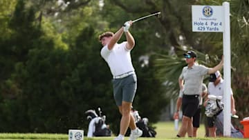 Alabama Golfer Dominic Clemons hits from the tee at the Sea Island Golf Course in St. Simon's Island, GA during the SEC Men's Golf Championship on Thursday, Apr 24, 2025. Photo by Katie Park