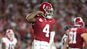 Alabama Quarterback Jalen Milroe (4) celebrates touchdown at Bryant-Denny Stadium in Tuscaloosa, AL on Saturday, Sep 28, 2024.