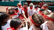 The University of Alabama softball team huddles against Mizzou at Rhoads Stadium in Tuscaloosa, AL on Sunday, Apr 27, 2025.