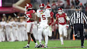 Alabama Wide Receiver Germie Bernard (5) celebrates against Oklahoma at Gaylord Family - Oklahoma Memorial Stadium in Norman, OK on Saturday, Nov 23, 2024.