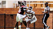 Mississippi State Cornerback Traveon Wright (#6) and Mississippi State Wide Receiver Markus Allen (#7) during the 2025 Spring Game at Davis Wade Stadium at Scott Field in Starkville, MS.