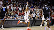 Alabama guard Chris Youngblood (8) celebrates against BYU during the East Region Sweet 16 at Prudential Center in Newark, NJ on Thursday, Mar 27, 2025.