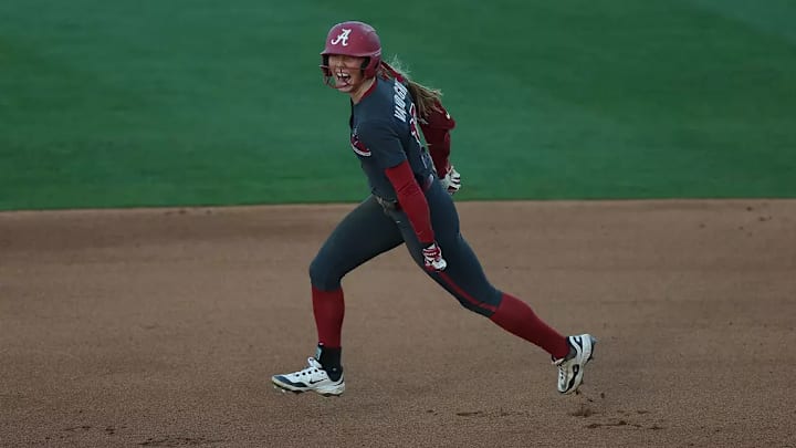 Alabama Softball Player Audrey Vandagriff (12) celebrates at Davis Dimond in Tuscaloosa, AL on Friday, Mar 21, 2025. Alabama Softball Player Audrey Vandagriff (12) celebrates at Davis Dimond in Tuscaloosa, AL on Friday, Mar 21, 2025.