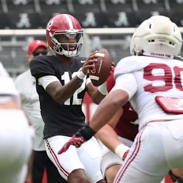 8/9/25 MFB MFB Fall Camp Scrimmage 1 Alabama Quarterback Keelon Russell (12) Photo by Kent Gidley