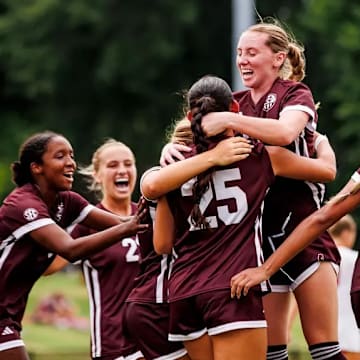 Mississippi State Midfielder Laila Juliette Murillo (#25), Mississippi State Midfielder Charlotte Grim (#12), Mississippi State Midfielder Adia Symmonds (#9) and Mississippi State Defender Ella Petersen (#22) during the match between the Mercer Bears and the Mississippi State Bulldogs at the MSU Soccer Field in Starkville, MS.