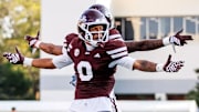 Mississippi State Wide Receiver Anthony Evans III (#3) and Mississippi State Wide Receiver Brenen Thompson (#0) during the game between the Alcorn State Braves and the Mississippi State Bulldogs at Davis Wade Stadium at Scott Field in Starkville, MS.