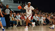 Alabama guard Labaron Philon (0) dribbles the ball against FSU during Ballin in Boutwell at Boutwell Auditorium in Birmingham, AL on Thursday, Oct 16, 2025.
