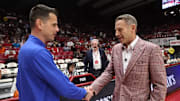 Florida basketball coach Todd Golden and Alabama basketball coach Nate Oats shake hands during pregame against Florida at Coleman Coliseum in Tuscaloosa, AL on Wednesday, Mar 5, 2025.