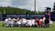 An Alabama baseball team huddle at the SEC Tournament.