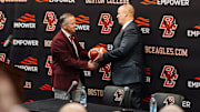 Boston College athletic director Blake James and head coach Bill O'Brien at O'Brien's introductory news conference on Feb. 15, 2024. Photo Credit: Boston College Athletics / Eddie Shabomardenly