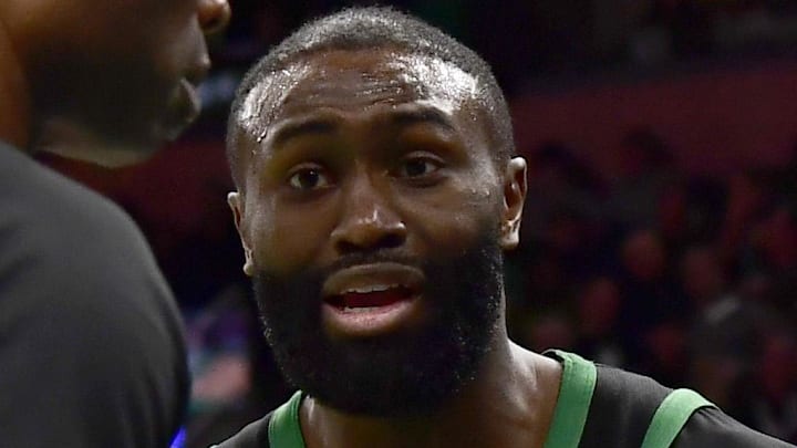 Feb 6, 2026; Boston, Massachusetts, USA;  Boston Celtics guard Jaylen Brown (7) argues a call with he official during the second half against the Miami Heat at TD Garden. Mandatory Credit: Bob DeChiara-Imagn Images