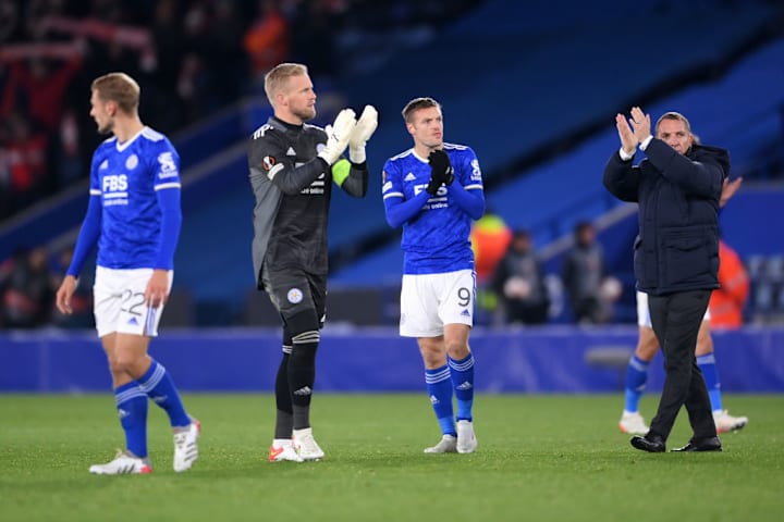 Brendan Rogers, Kasper Schmeichel, Jamie Vardy Brendan Rogers, Kasper Schmeichel, Jamie Vardy