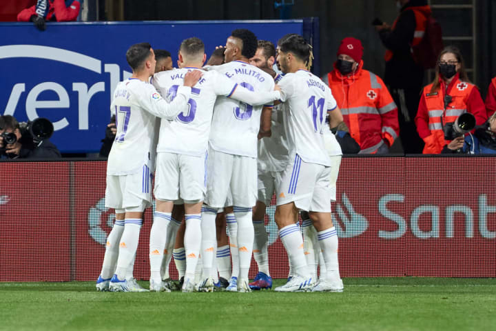 Real Madrid players celebrates a goal during the Spanish La...