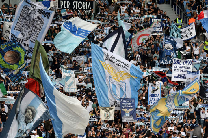 SS Lazio supporters of Curva Nord cheer on ahead of the...