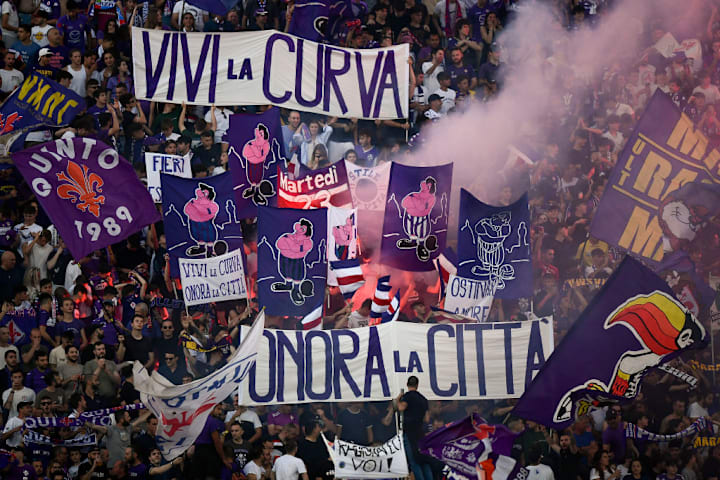 Fans of ACF Fiorentina in sector 'Curva Fiesole' show their...